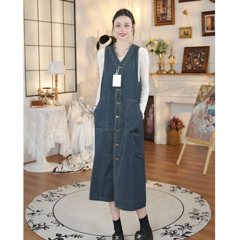 2025新款春季套装时尚休闲复古牛仔背心连衣裙宽松减龄长裙两件套