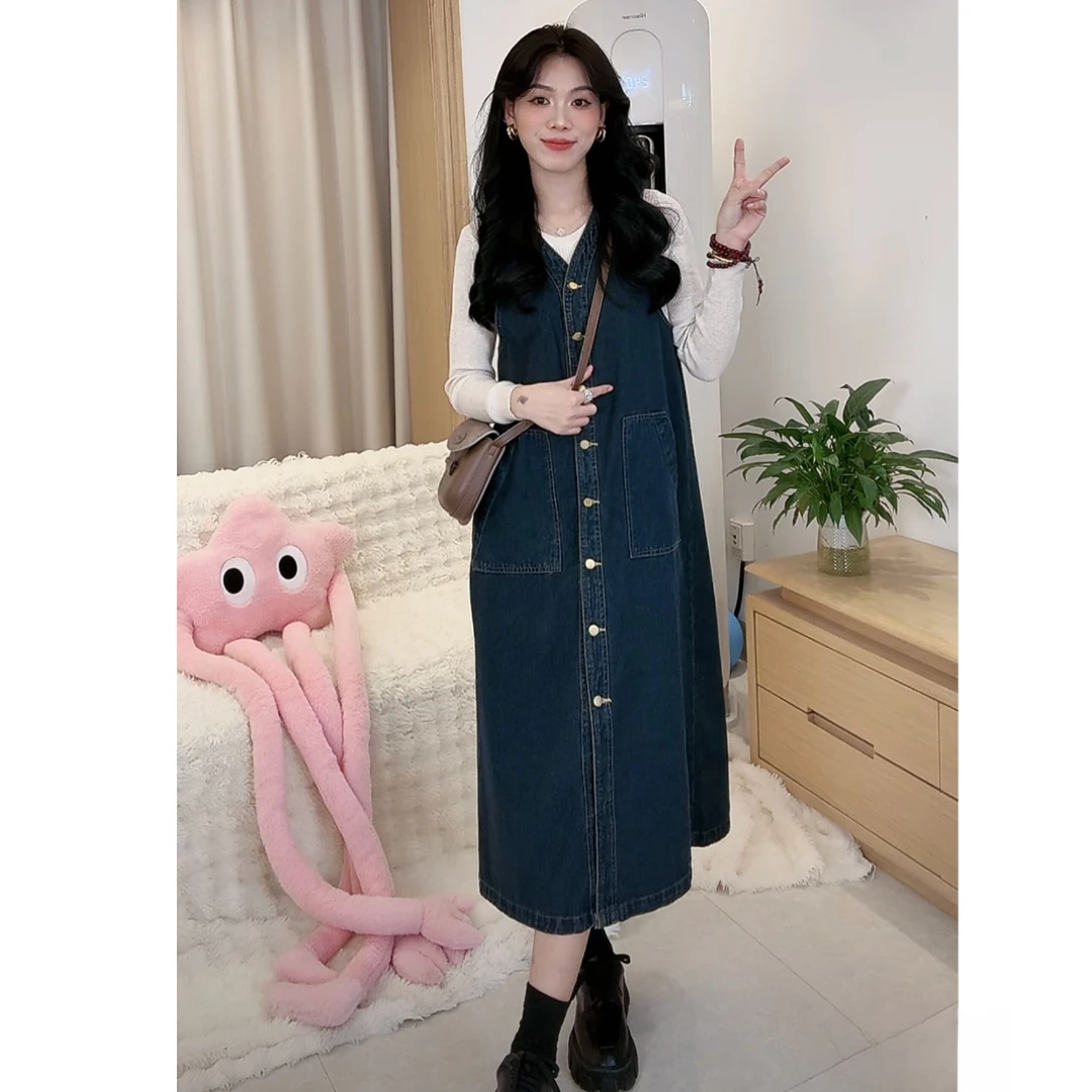 2025春季套装时尚新款休闲复古牛仔背心连衣裙宽松减龄长裙两件套