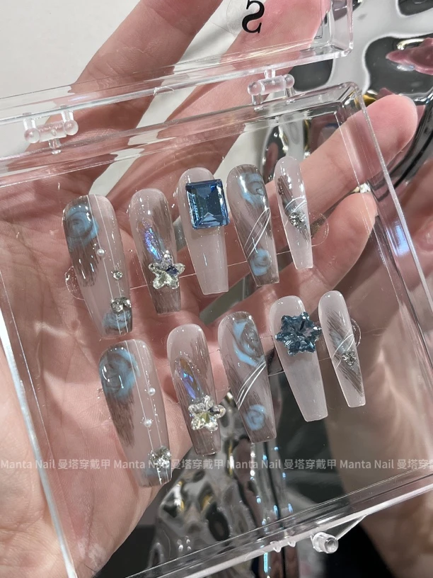 蓝染｜精致手绘玫瑰纯手绘穿戴甲