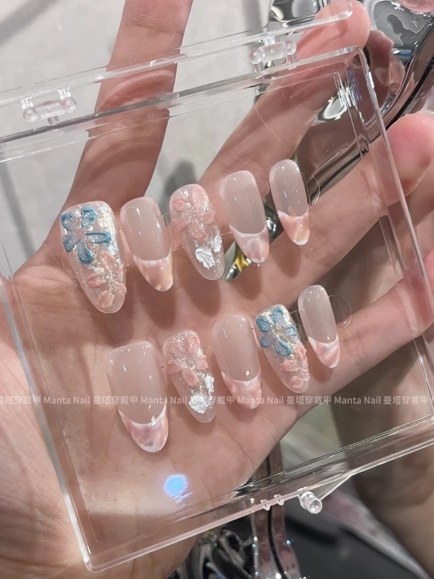 油画花花｜肌理感法式晕染小花手工穿戴甲清透感
