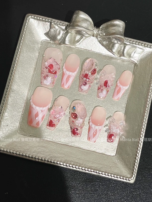 派对少女｜可爱风格纹少女蝴蝶结纯手工穿戴甲