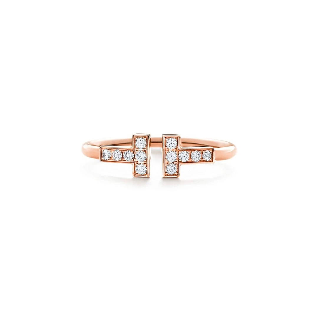 未使用 Tiffany & Co./蒂芙尼 T系列玫瑰金满钻线圈双T戒指