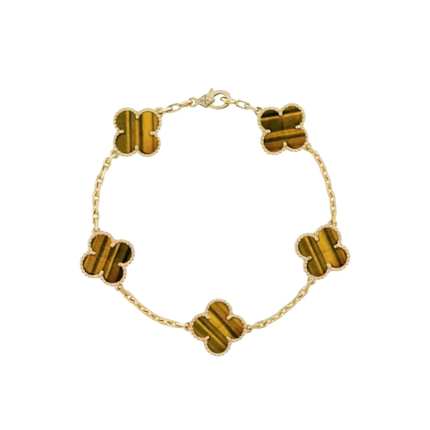 99新 梵克雅宝 VCA 金四叶草虎眼石五花手链