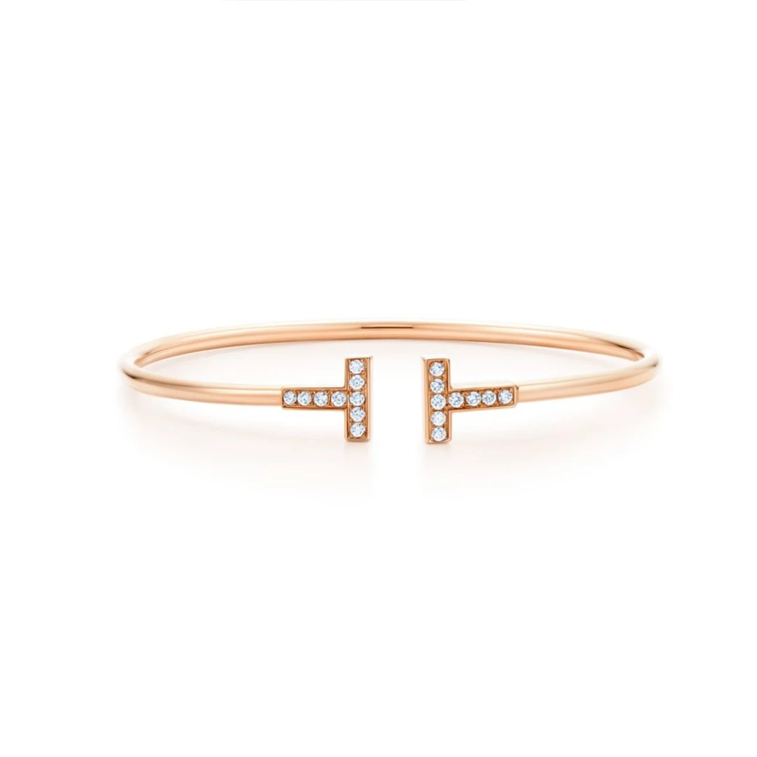 99新 Tiffany & Co./蒂芙尼 T系列 玫瑰金 双T宽版满钻手镯
