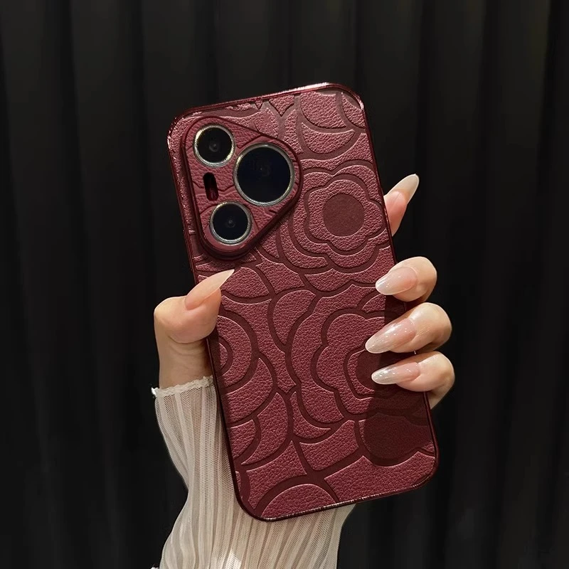 皮质山茶花适用华为pura70pro手机壳新女款酒红色P70ultra带挂绳