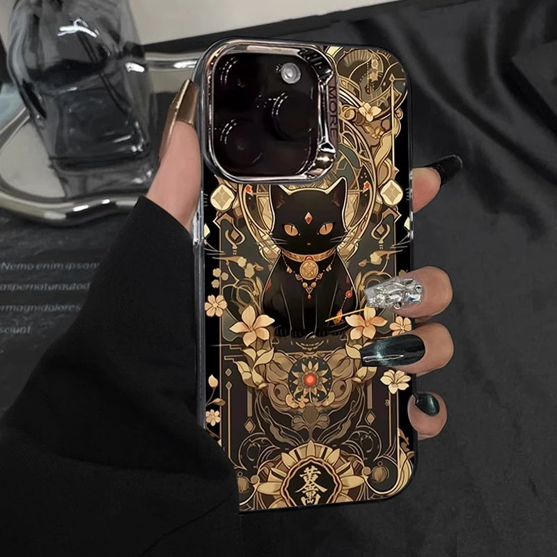 招财黑猫适用苹果15promax手机壳男女创意14plus小众可爱13pm防摔
