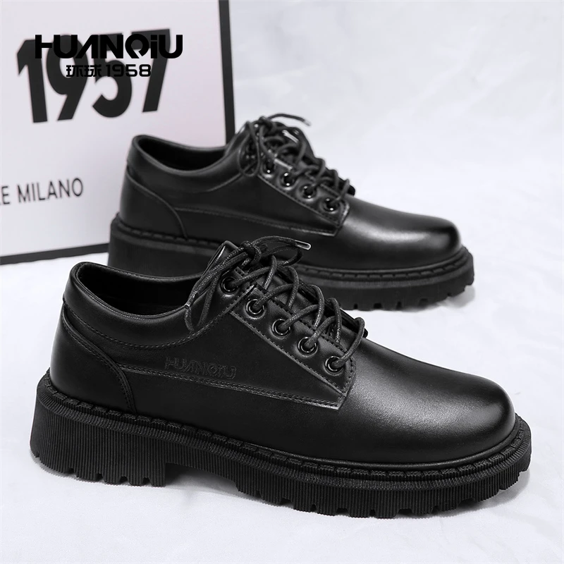 环球黑色小皮鞋2024冬季新款百搭帅气鞋子男系带休闲韩版潮流男鞋