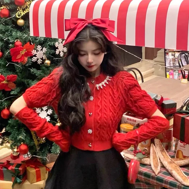 圣多墨小香风红色钉珠针织开衫女本命年新年战袍跨年毛衣套袖外套