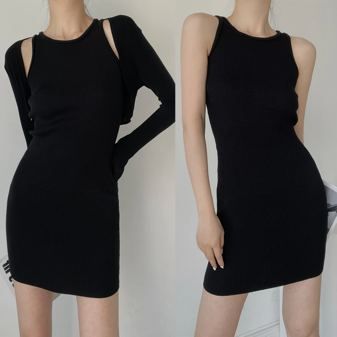 夏季高级感气质沙滩裙海边度假富家小千金包臀挂脖吊带针织连衣裙