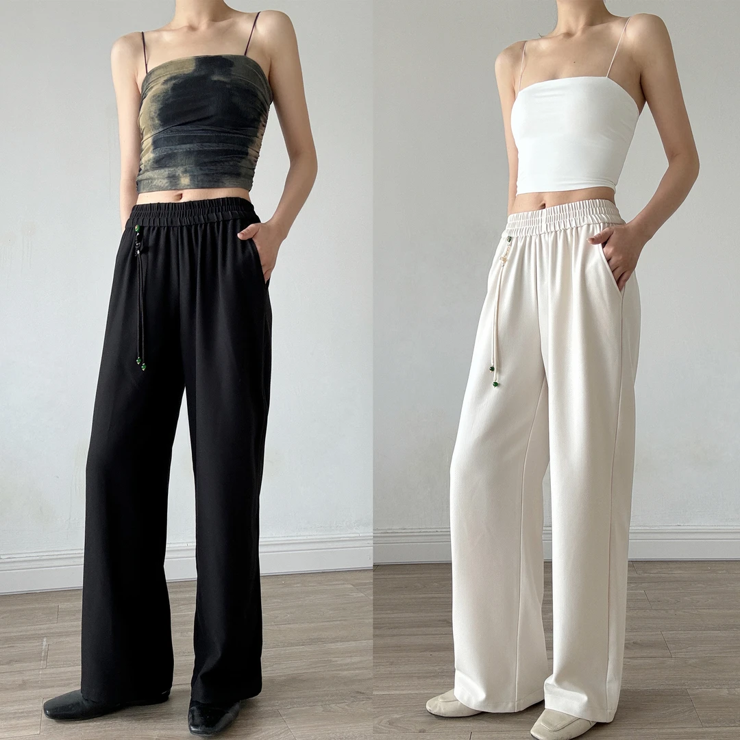 2024春夏新中式国风复古中国结休闲裤高腰显瘦气质宽松直筒阔腿裤