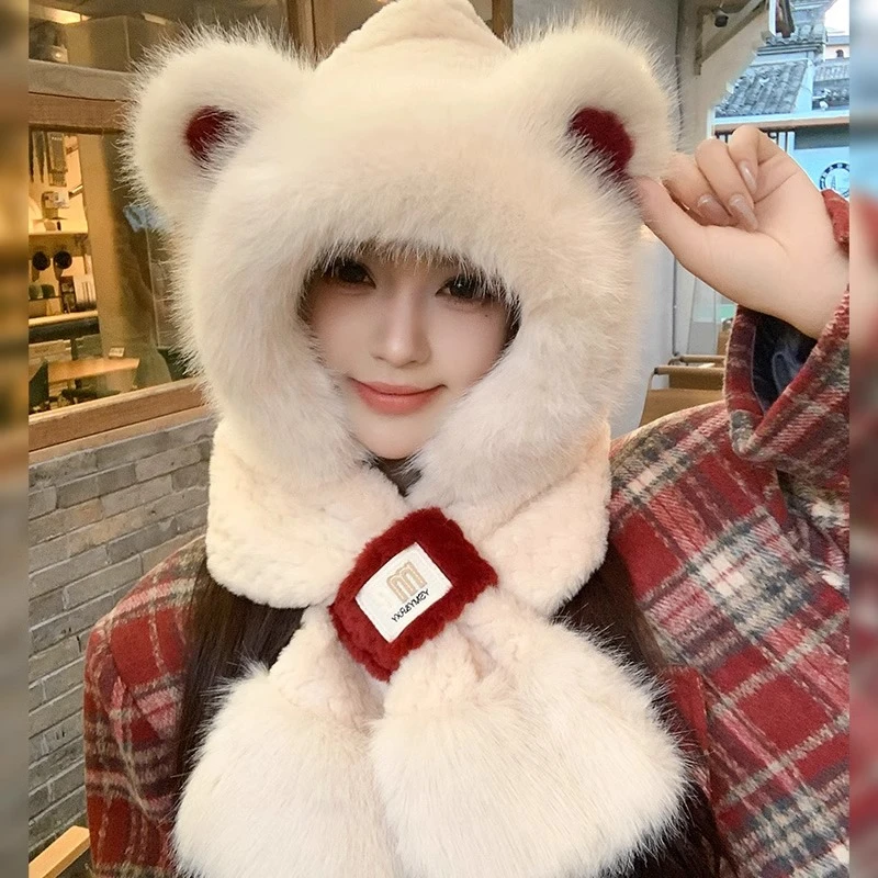 可爱小熊毛绒帽子围巾一体女冬季百搭双层加厚保暖骑车防寒围脖