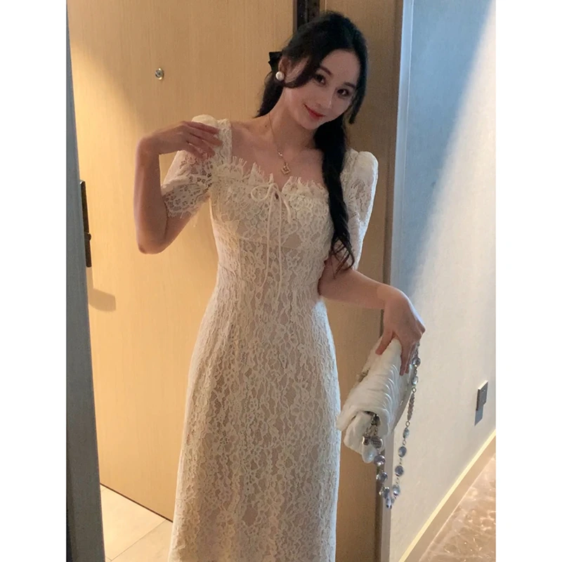 XINYI【领证小白裙】夏季蕾丝收腰连衣裙女收腰显瘦裙子XQ348594