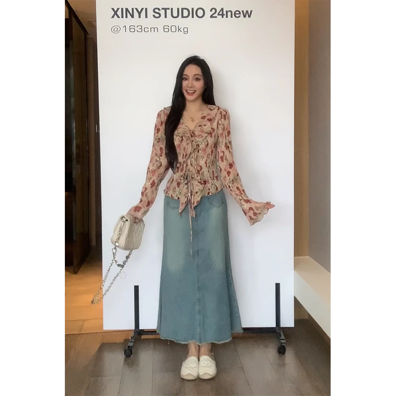 XINYI【粉雾玫瑰】春季碎花小衫女长袖显瘦气质百搭X624E00997