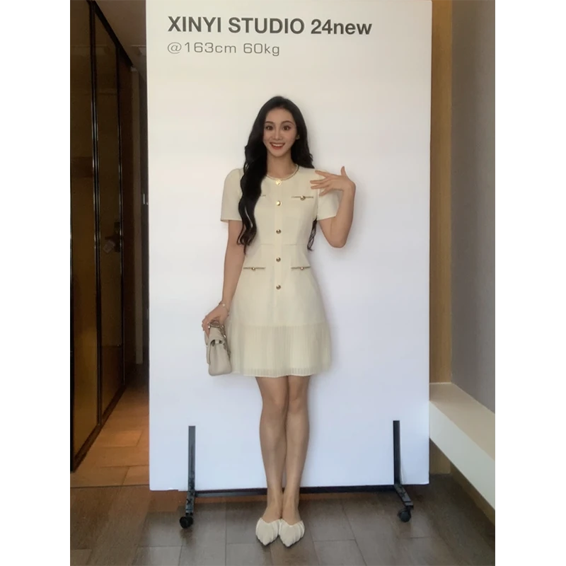 XINYI【小香千金】夏季拼接小香风连衣裙收腰显瘦气质X624Q11010