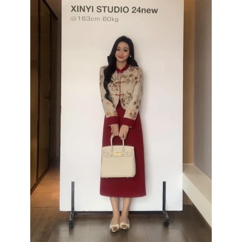 XINYI【新年战袍】秋冬提花羽绒外套+毛呢半身裙显瘦X624A18710