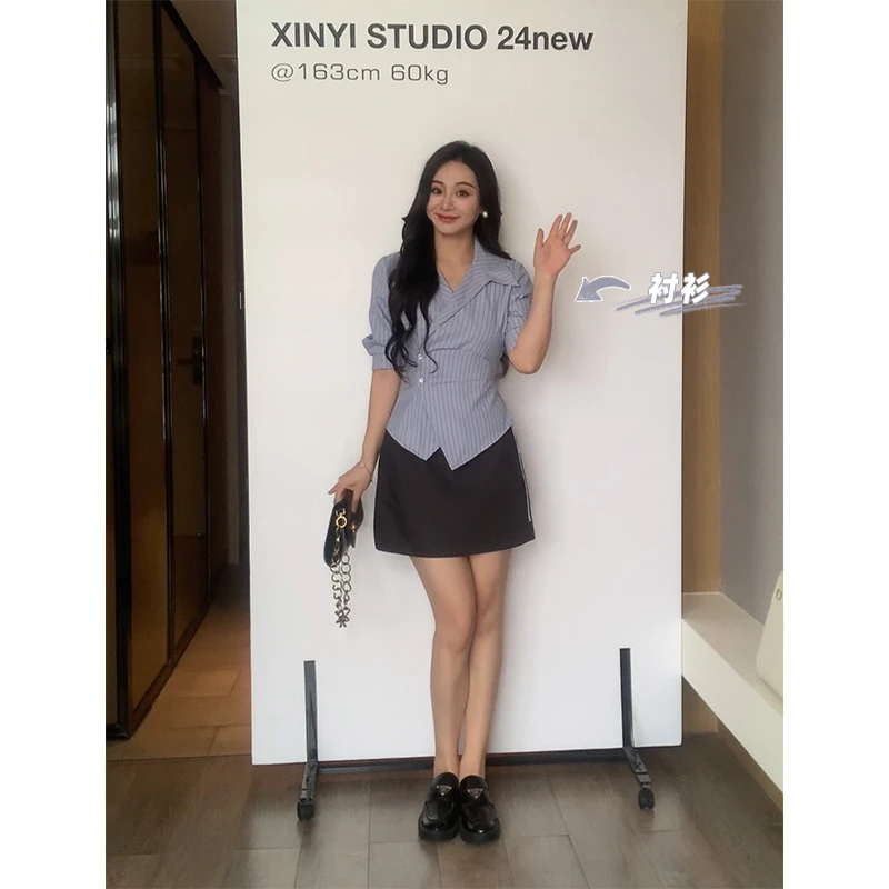 XINYI【风迎蓝岛】夏季系带衬衫女收腰宽松显瘦百搭衬衣X624C03317