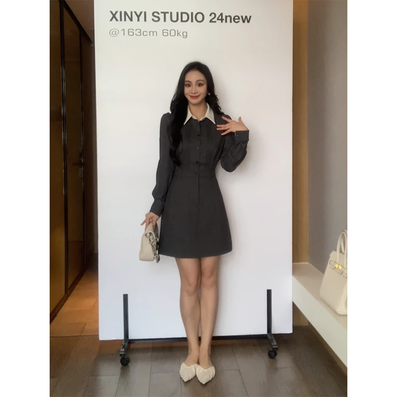 XINYI【柏林记事】秋季撞色斜纹西装连衣裙收腰显瘦裙X624Q13758