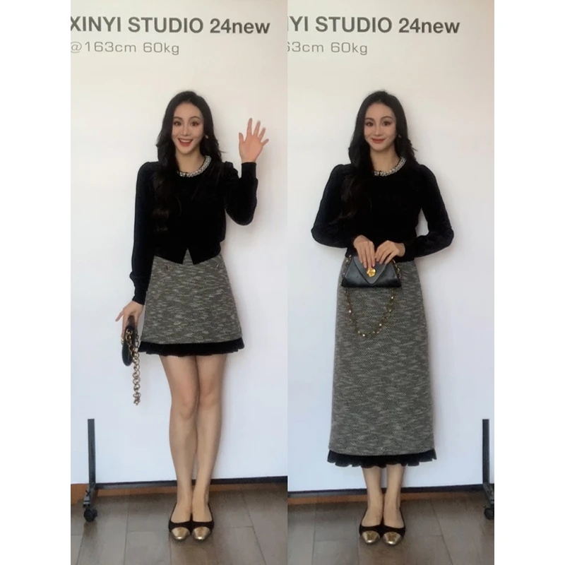 XINYI【海派千金】秋季钉珠丝绒上衣+半身裙显瘦两件套X624A13567