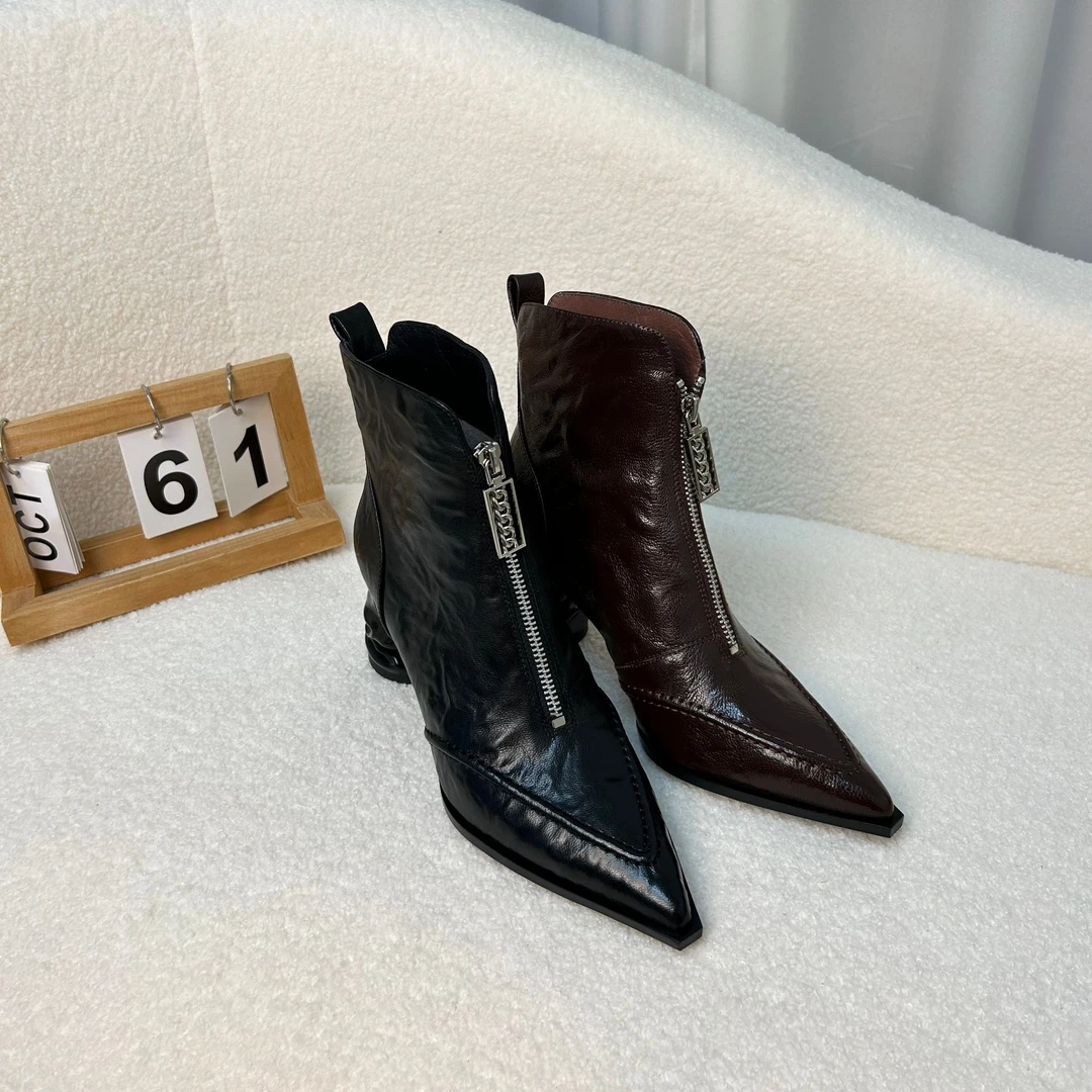 前拉链粗跟打皱牛皮尖头冬季秋冬小跟短靴182-235