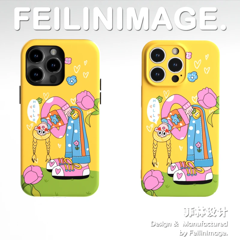 弯腰花朵女孩适用于苹果14promax手机壳时尚菲林二合一