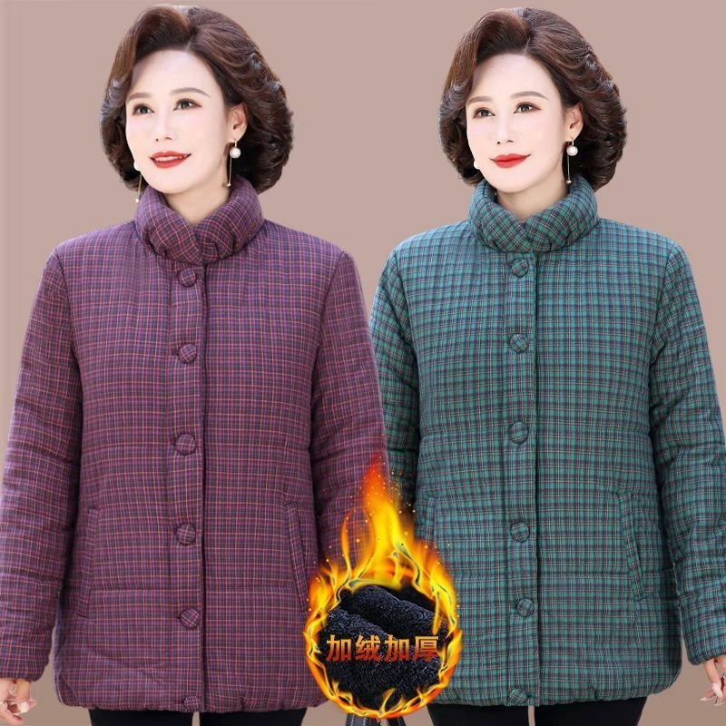 中老年妈妈棉袄格子中老年女装棉袄棉服加绒保暖加厚老太太棉服