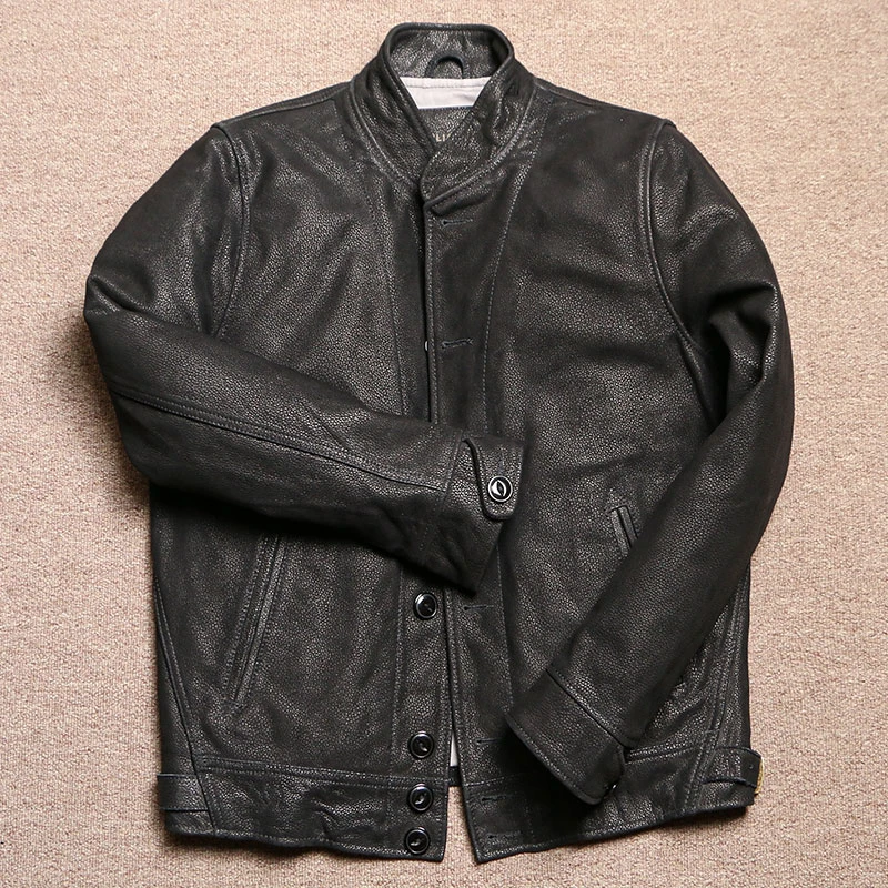 爱因斯坦头层水晶牛皮复古夹克男士立领真皮皮衣阿美咔叽短款外套