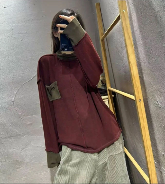 7237冬季复古炒色做旧半高领宽松打底衫文艺百搭上衣