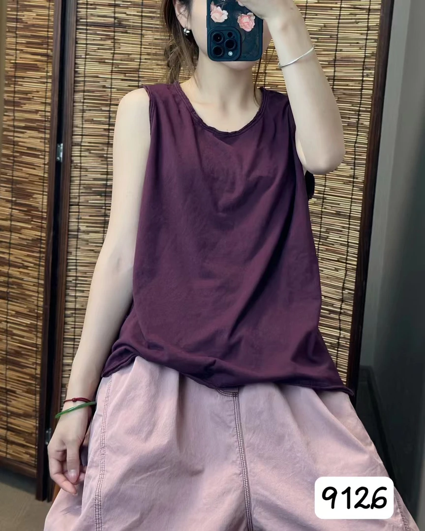 9126水洗纯棉休闲纯色t恤无袖