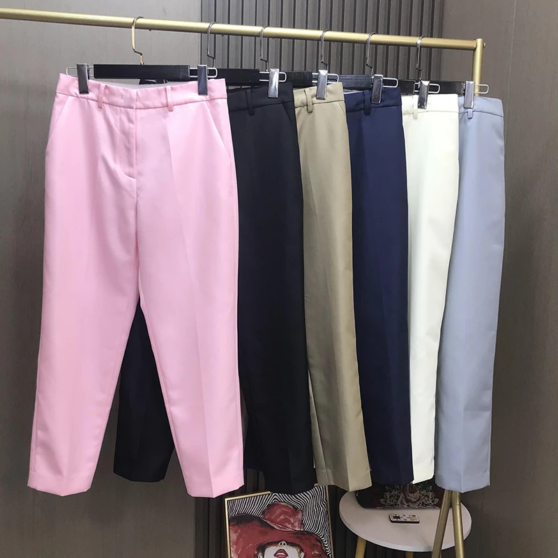 气质简约净色修身通勤高腰小脚铅笔裤百搭气质显高九分裤简约