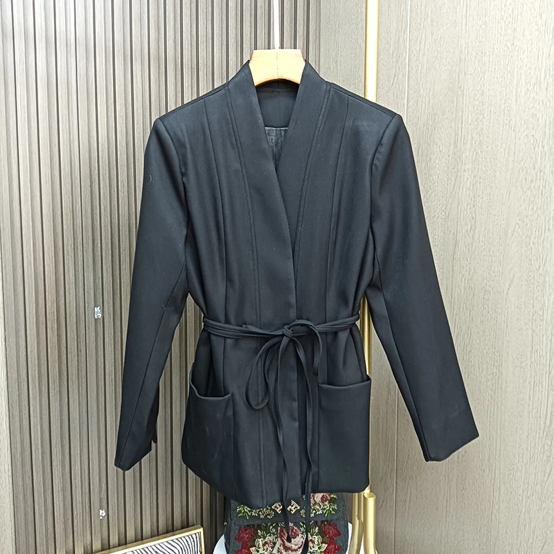 绑带修身斜纹绑带西服外套净色