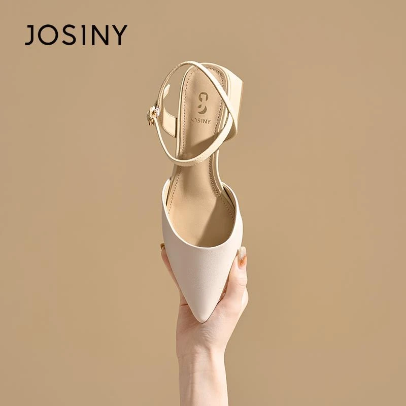 卓诗尼2025夏季新款尖头粗跟包头凉鞋一字带法式裸色单鞋高跟鞋女