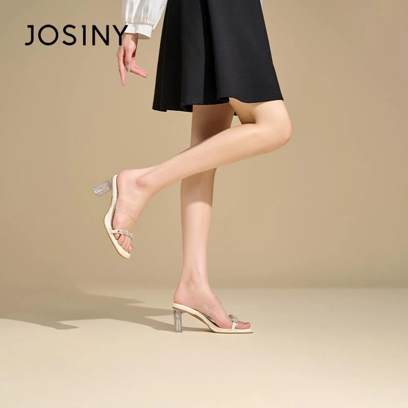 卓诗尼夏外穿水晶透明水钻粗跟凉鞋配裙子百搭高跟鞋露趾一字凉拖