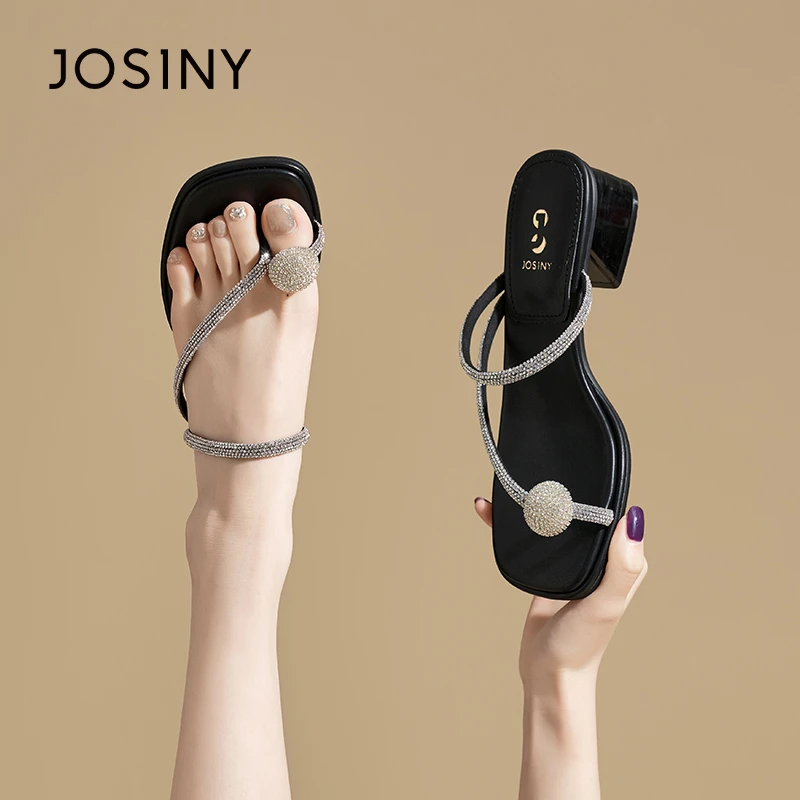 卓诗尼粗跟夹趾拖鞋2025夏季新款水钻仙女风网红气质百搭女士凉拖