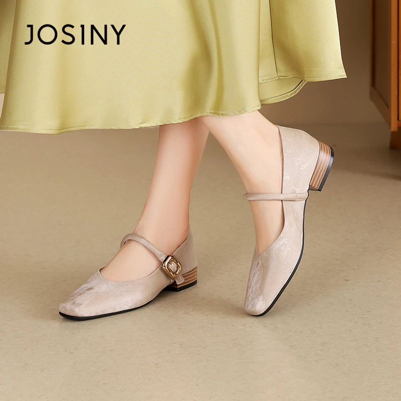 卓诗尼软底粗跟单鞋女2025春夏新款休闲时尚浅口方头百搭小皮鞋