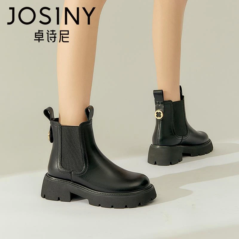 卓诗尼初秋短靴女冬新款鞋子女秋冬厚底鞋烟筒靴切尔西靴加绒女靴