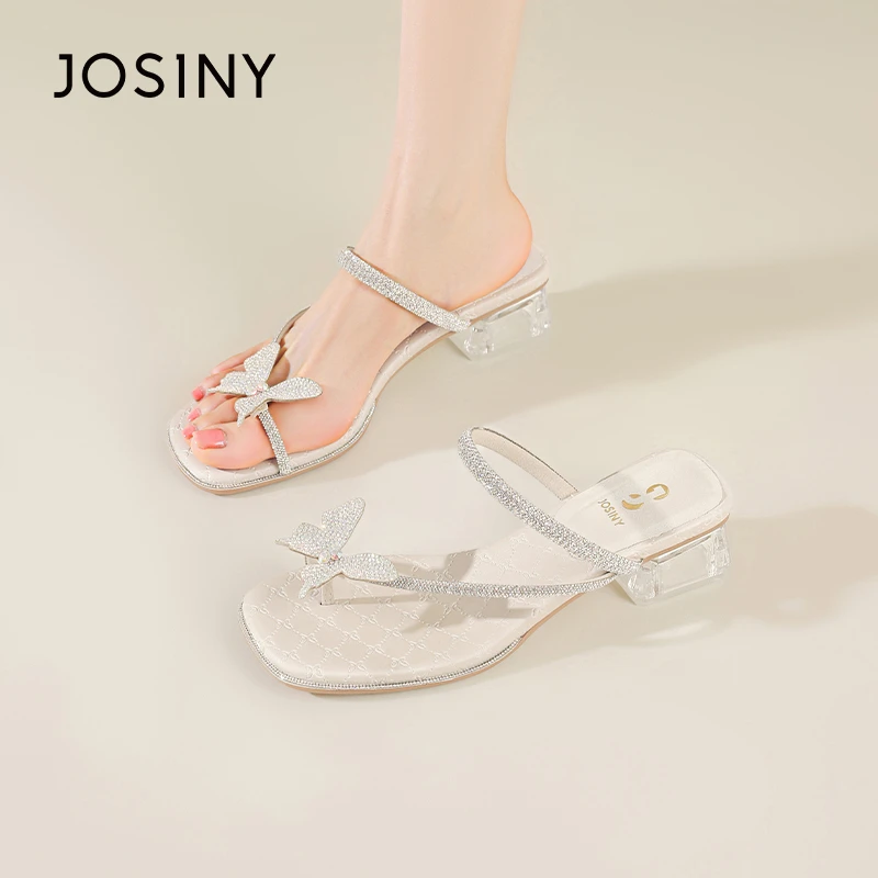 卓诗尼蝴蝶水钻外穿凉鞋粗跟夏季网红时尚百搭仙女风方头夹趾拖鞋