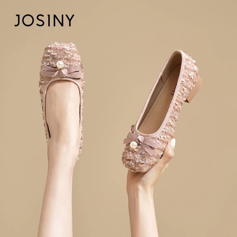 卓诗尼平底单鞋女2025新款春秋季浅口亮片蝴蝶结珍珠小香风玛丽珍