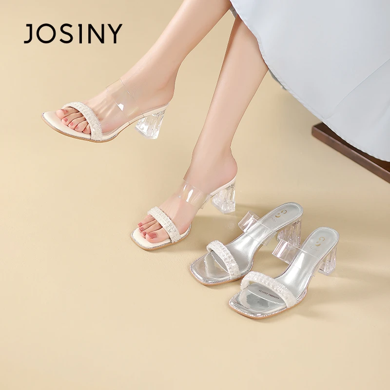 卓诗尼法式仙女风2025夏外穿时尚百搭气质露趾方头拖鞋粗跟高跟鞋