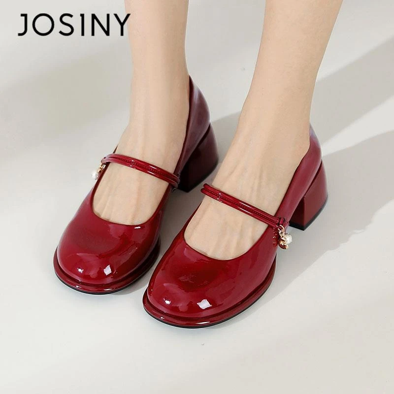 卓诗尼秀禾婚鞋女2025新款圆头旗袍高跟鞋粗跟小皮鞋红色玛丽珍鞋