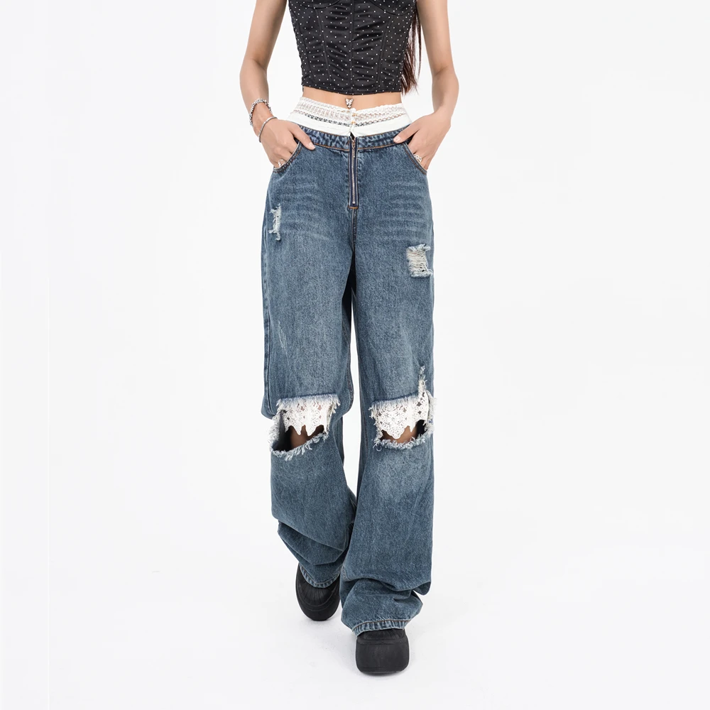 街头设计感蕾丝拼接破洞毛边高腰垂感直筒阔腿牛仔裤女-K24146