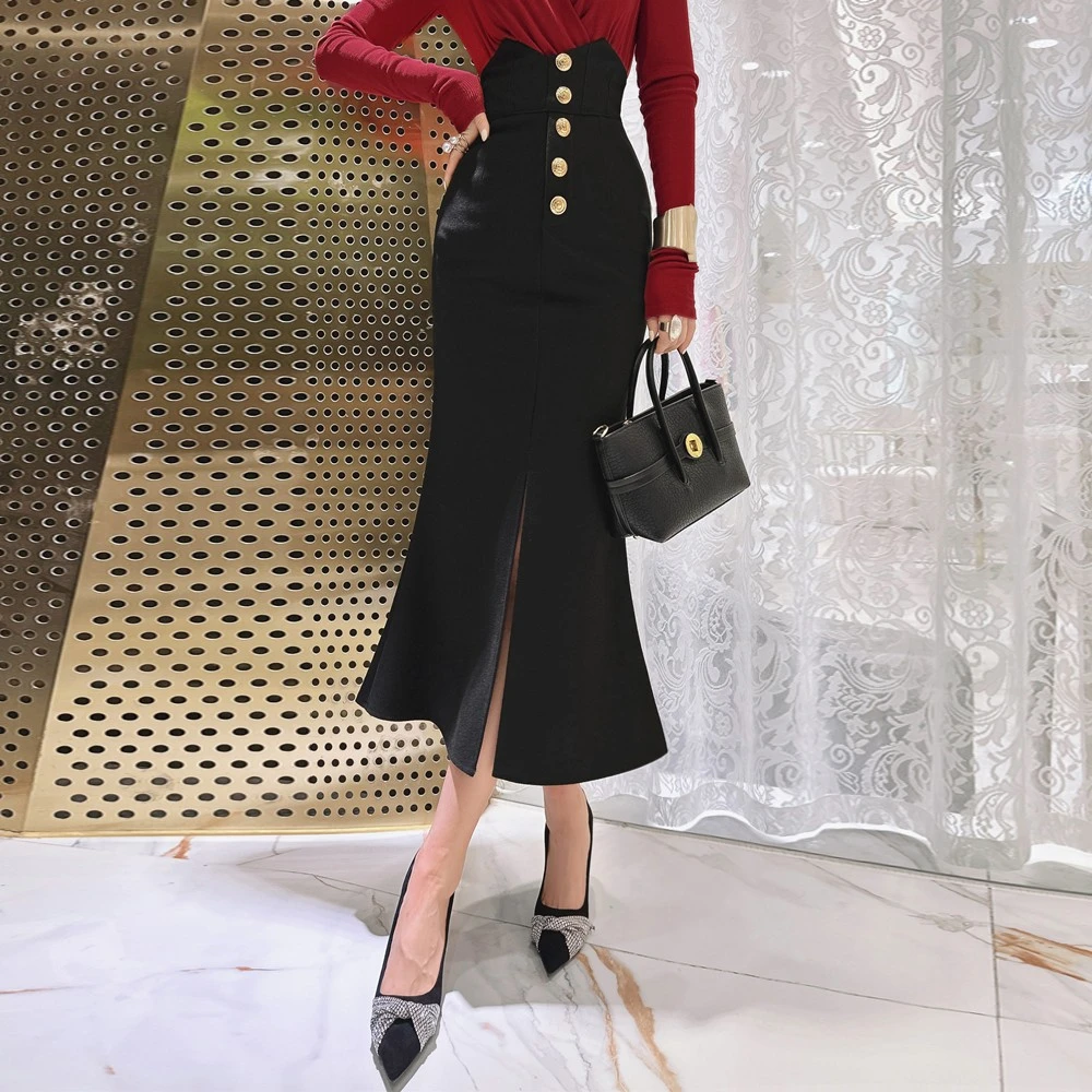 【现货特】蔓少珍2023新品高腰黑色显瘦开叉呢子半身裙 B22Q358