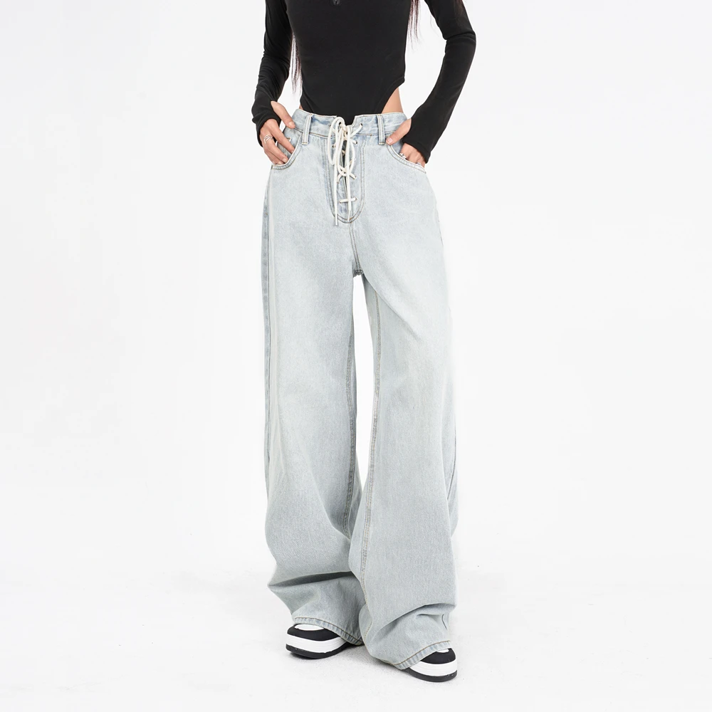 【现货】新款水洗复古直筒牛仔裤女宽松显瘦设计阔腿裤裤子-K24239