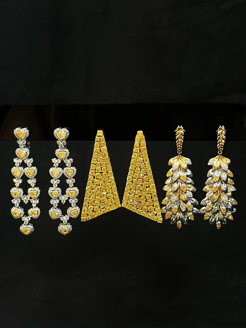 荟翠天下 18K黄钻水滴耳环天然钻石马眼耳饰豪华群镶款树叶款彩钻