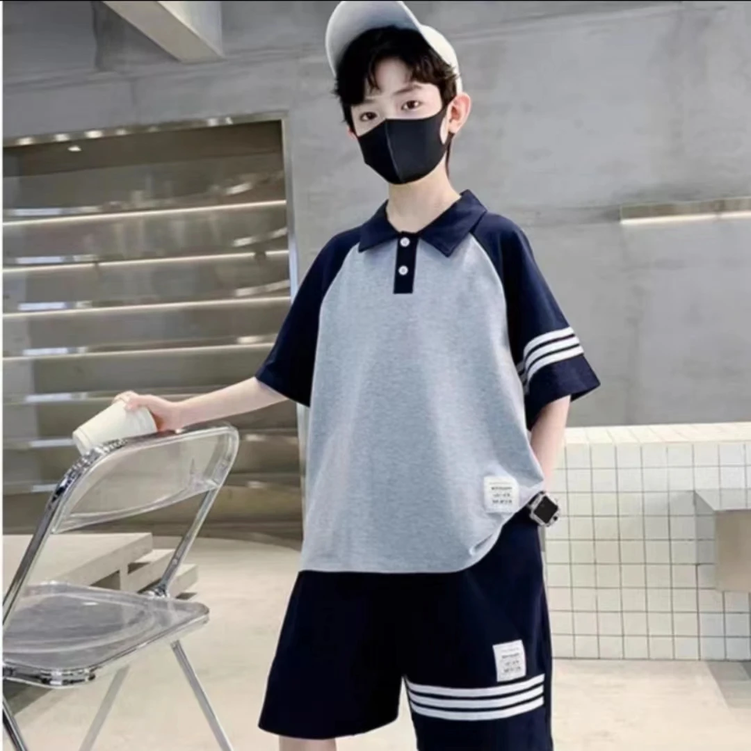 三道杠POLO洋气两件套男女童套装2024夏装新款短袖透气时尚休闲