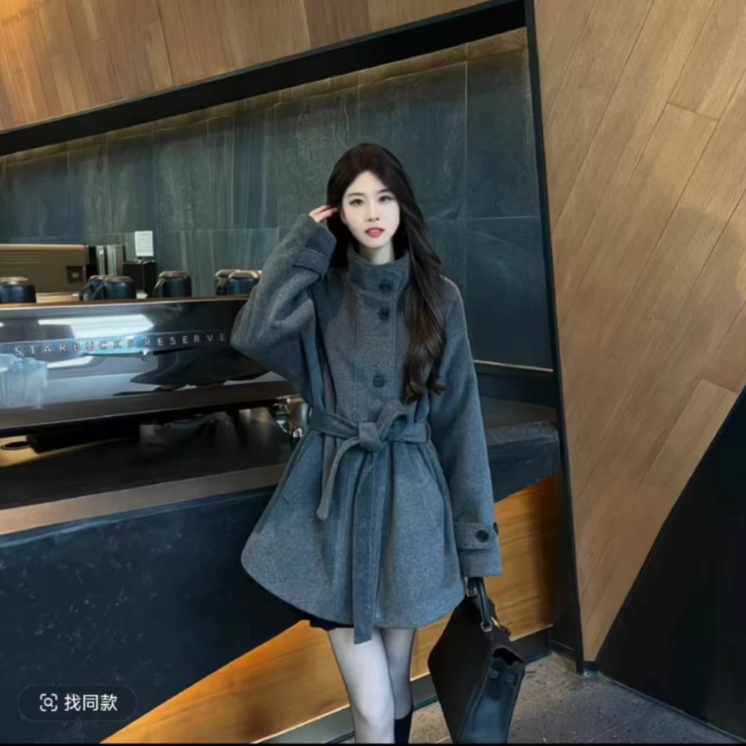 【内带夹棉】冬季厚毛呢外套甜妹黑色高级设计感短气质大衣女9982