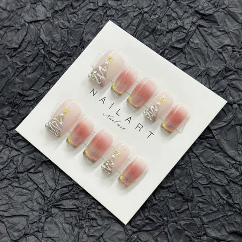 《圣诞树猫眼》纯手工定制穿戴甲灯带猫眼可拆卸美甲贴圣诞显白百搭