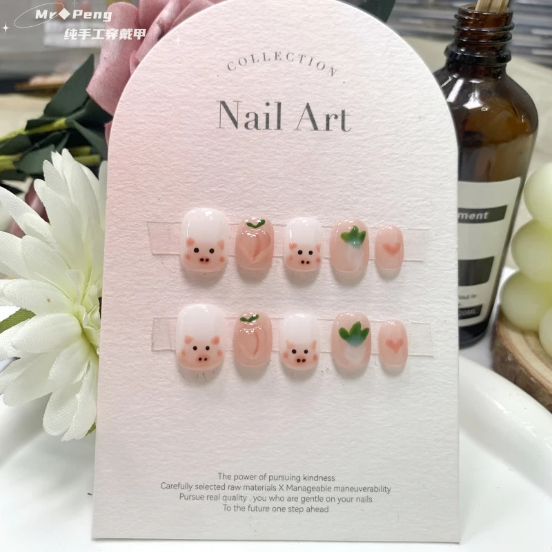 《两只小猪》手绘 纯手工定制穿戴甲可拆卸美甲贴显白可爱气质