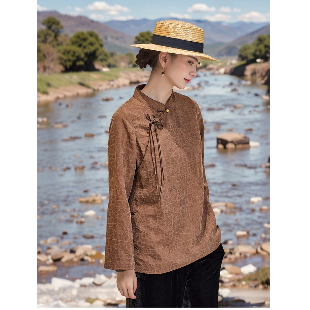 2024秋季新款100%桑蚕丝龟裂纹香云纱长袖上衣中式高级感原龟衬衫