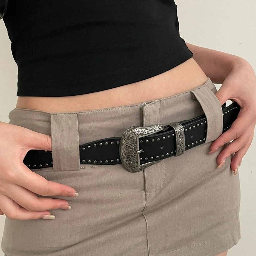 美式复古腰带女2024新款铆钉朋克风皮带百搭配牛仔裤带个性y2k黑