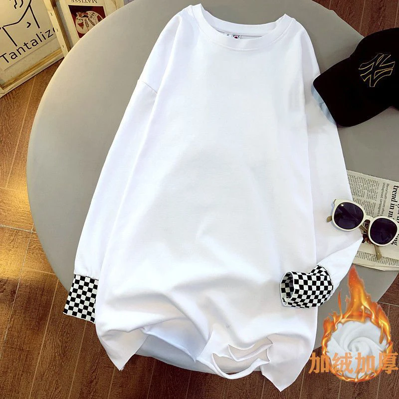 【当天发货有运费险】秋冬加绒白色内搭打底衫宽松中长款长袖卫衣女